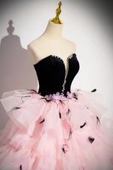 Black Velvet and Pink Tulle Strapless Prom Dress