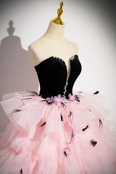 Black Velvet and Pink Tulle Strapless Prom Dress