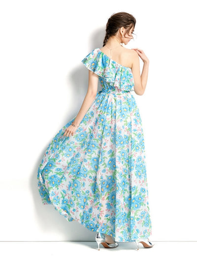 One-shoulder Ruffled Printed Dress