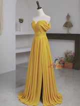 Yellow Chiffon Off the Shoulder Pleats Prom Dress