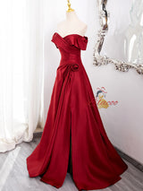Burgundy Satin Pleats Split Prom Dress