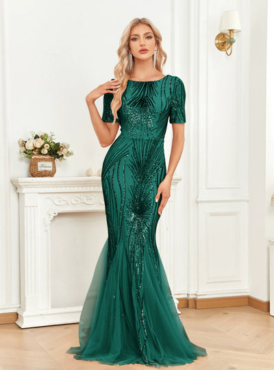Gren Mermaid Sequins Short Sleeve Prom Dress