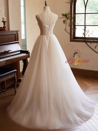 Champagne Tulle Pleats Straps Wedding Dress