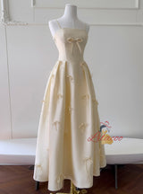 Yellow Satin Spaghetti Straps Bow Prom Dress
