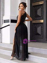 Contrast Lace Slit Slim Long Dress