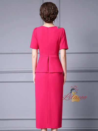 Fuchsia Short Sleeve Crystal Mother Of The Bride Dress