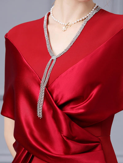 V-neck Satin Beading Mother Of The Bride Dress