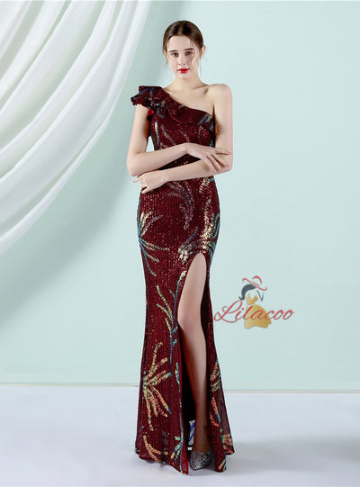 Sequins One Shoulder Split Prom Dress