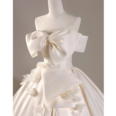 Ivory White Satin 3D Flower Wedding Dress