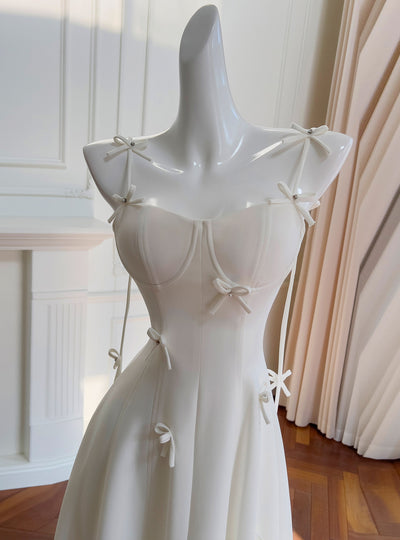 White Straps Bow Prom Dress