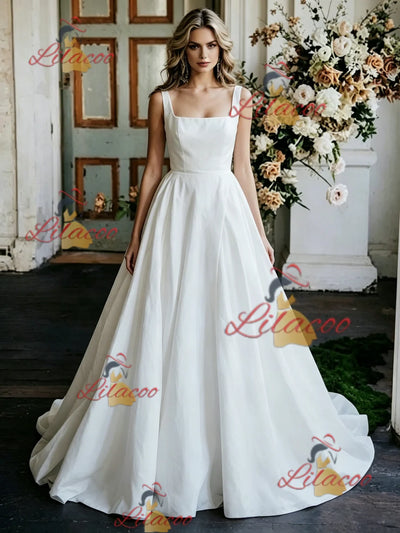 White Satin Straps Sleeveless Wedding Dress