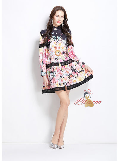 Openwork Lace Stitching Printed Dress