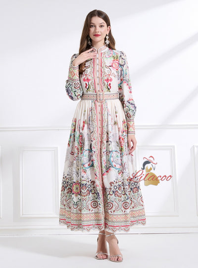 Long Sleeve Retro Print Long Dress