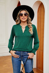 Solid Color V-neck Loose Long Sleeve T-shirt