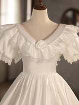 Vintage White Satin Lace Short Sleeve Wedding Dress