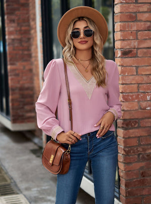 Solid Color V-neck Long Sleeve Chiffon