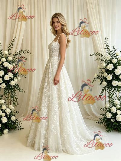 Beige Wite Lace Straps Wedding Dress