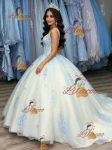 White Tulle Strapa Appliques Quinceanera Dress