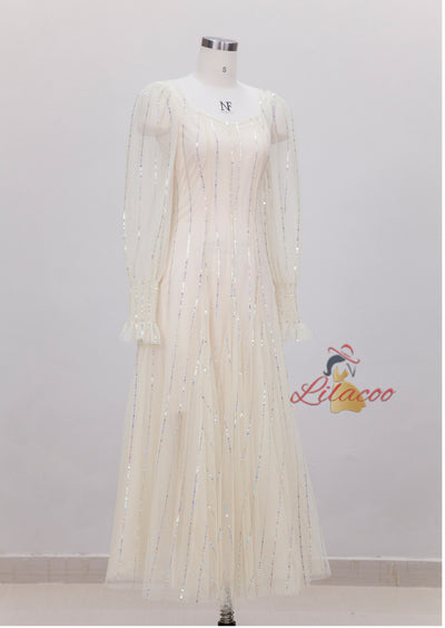 Beige Sequins Long Sleeve Prom Dress