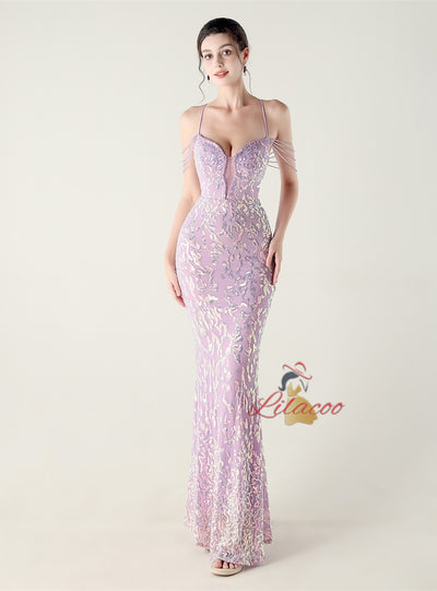 Mermaid Sequins Spaghetti Straps Beading Prom Dress