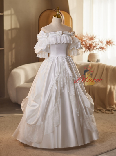 White Satin Off the Shoulder Puff Sleeve Wedding Dress