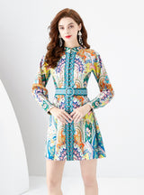 Palace Lantern Sleeve Short Printed Dress