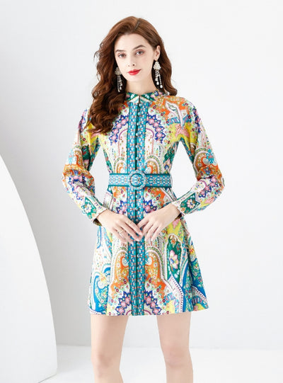 Palace Lantern Sleeve Short Printed Dress