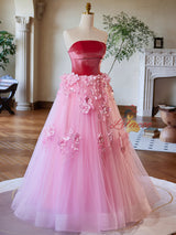 Pink Tulle Velvet 3D Appliques Prom Dress