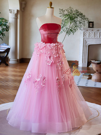 Pink Tulle Velvet 3D Appliques Prom Dress