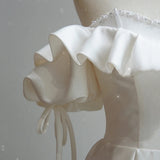 White Satin Strapless Puff Sleeve Wedding Dress