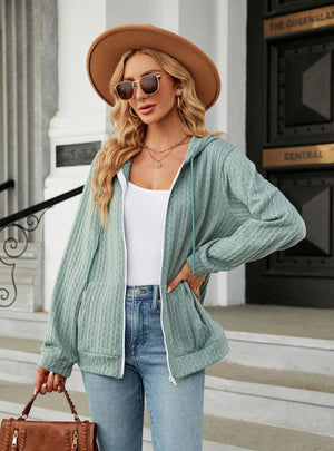 Solid Color Long Sleeve Hooded Zipper Coat