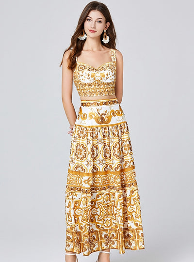 Blue and White Printed Suspender Vest+Length Skirt