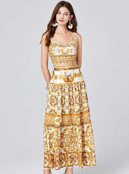 Blue and White Printed Suspender Vest+Length Skirt