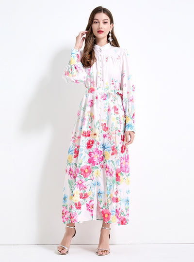 Long Lantern Sleeve Printed Dress