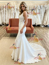 White Mermaid V-neck Appliques Wedding Dress