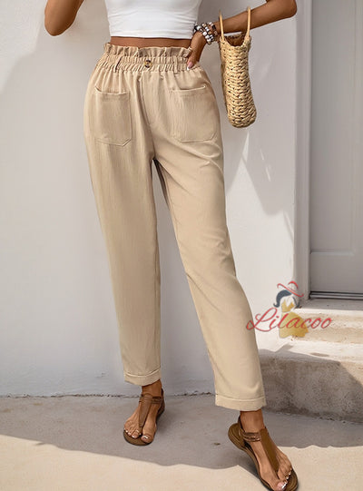 Pocket Elastic Waist Straight Casual Pants