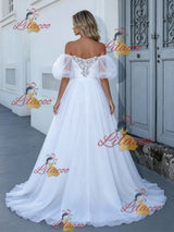 White Puff Sleeve Beading Wedding Dress