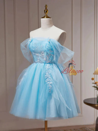 Blue Tulle Pleats Homecoming Dress