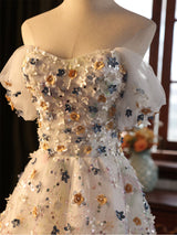 White Tulle Sequins Flower Off the Shoulder Prom Dress