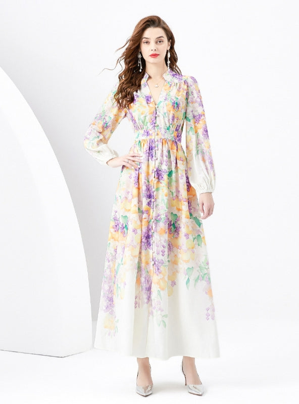 V-neck Lantern Sleeve Wavy Long Retro Print Dress