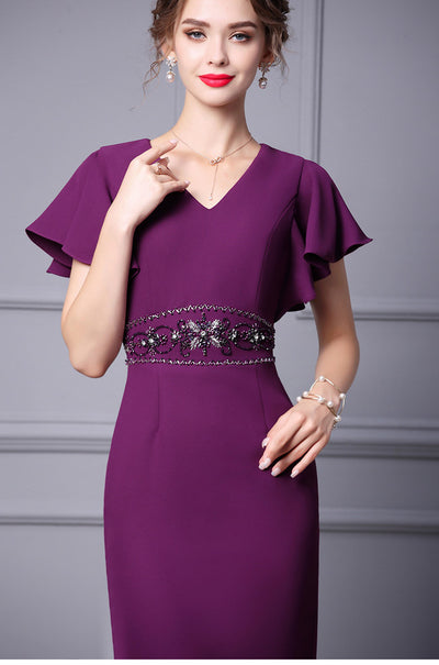 Purple V-neck Beading Mother Of The Bride Dress