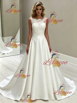 White Satin Lace Scoop Neck Wedding Dress