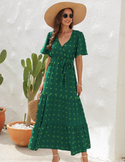 V-neck High Waist Short Sleeve Long Dress