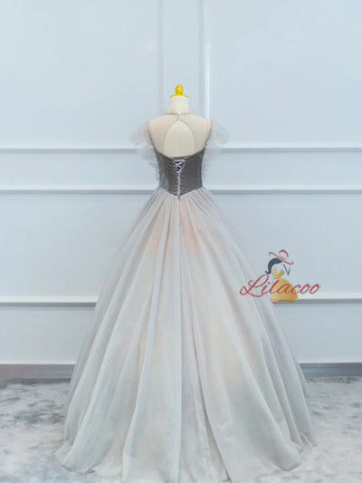 Gray Tulle Velvet Beading Prom Dress
