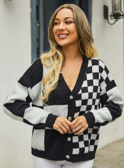 Plaid Stitching Sweater Coat