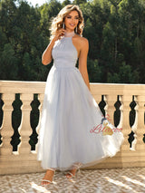 Gray Tulle Halter Backless Party Dress
