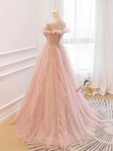 Pink Tulle Off the Shoulder Beading Prom Dress
