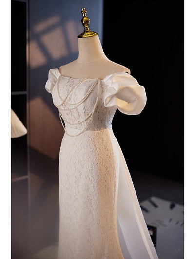 White Mermaid Lace Satin Pearls Wedding Dress