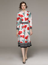 Retro Long Sleeve Lapel Slim Print Dress