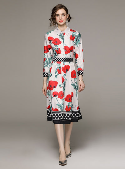 Retro Long Sleeve Lapel Slim Print Dress
